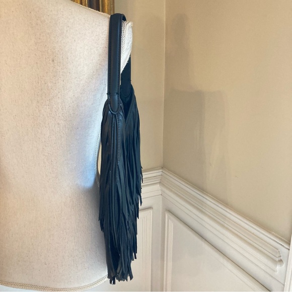 ZARA Black Faux Leather Fringe Shopper Hobo Handbag - Picture 7 of 11